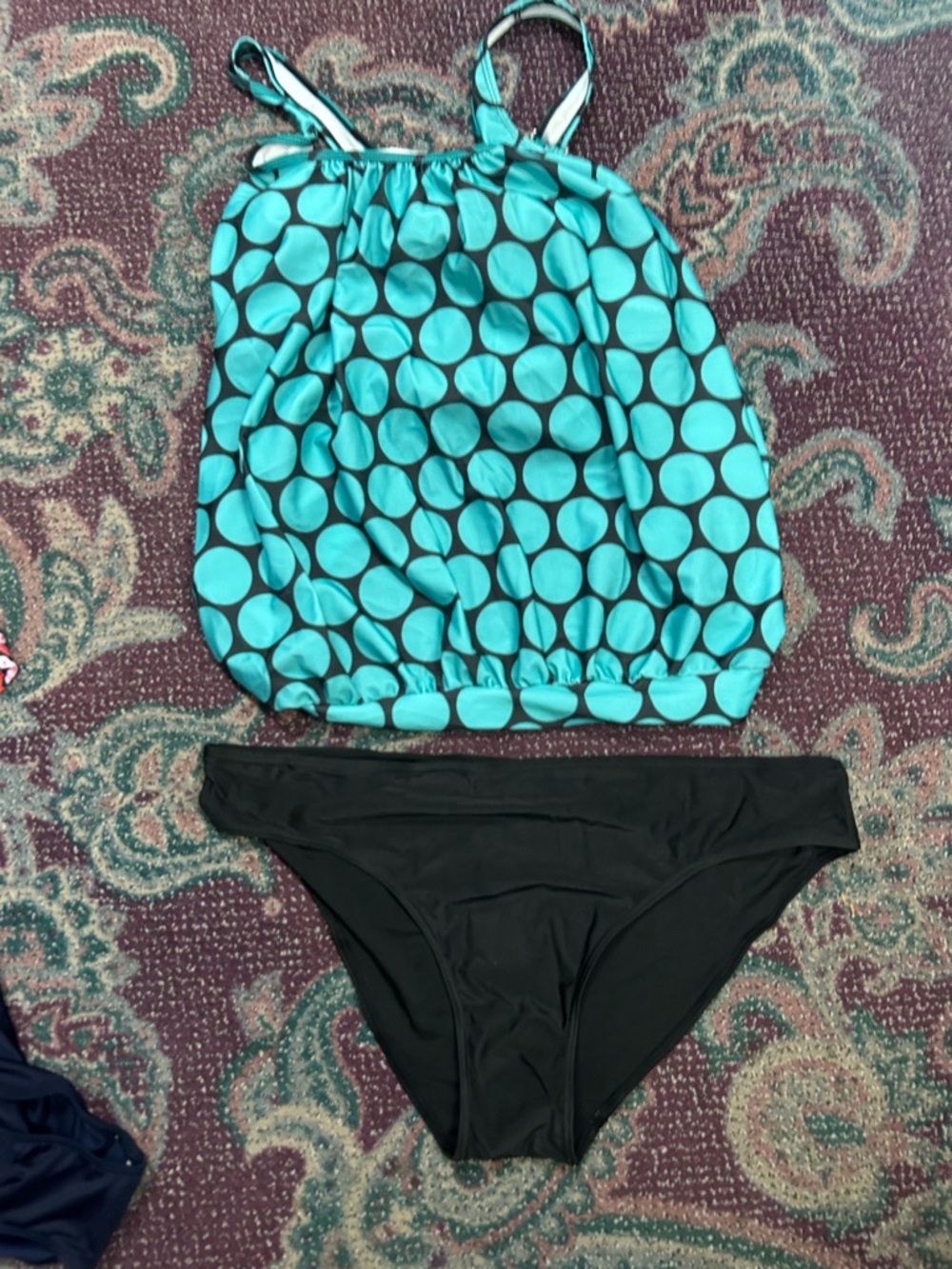 SHEIN Teal Polka Dot Tankini Top with Black Bikini Bottoms